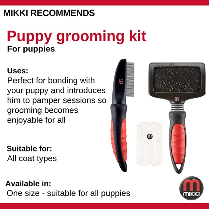 Mikki Puppy Dog Grooming Kit with Slicker Brush, Comb and Flea Comb